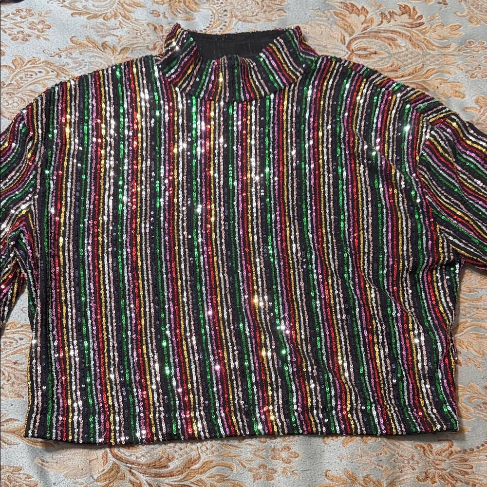 Striped Sequin Mock Neck Top